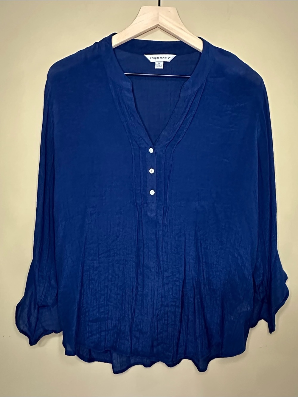 Counterparts Navy Blue Pintuck Blouse XL Flowy 3/4 Sleeve Top